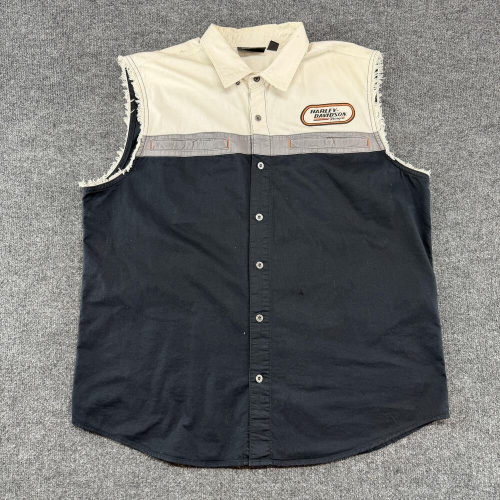 Harley Davidson Shirt Mens XL Black Sleeveless Colorblock Button Up Racing Biker
